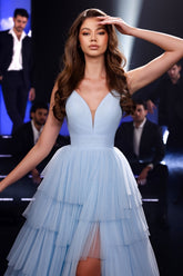 Obsessing Long Blue A-line Spaghetti Straps V-neck Tulle Prom Evening Dresses with Slit